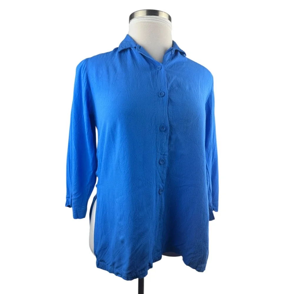 Jams World Solid Dutch Blue Button Blouse Crinkle Shirt Sz Small 3/4 Sleeve Top - Picture 2 of 16